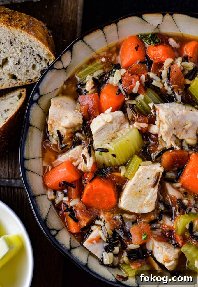Hearty Chicken and Wild Rice Soup Recipe for Cozy Nights 8 A bowl of wild rice chicken soup with carrots, onions and celery.