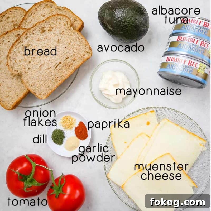 Close up shot of ingredients- bread, avocado, albacore tuna, mayonnaise, tomato, muenster cheese, onion flakes, dill, paprika, and garlic powder.