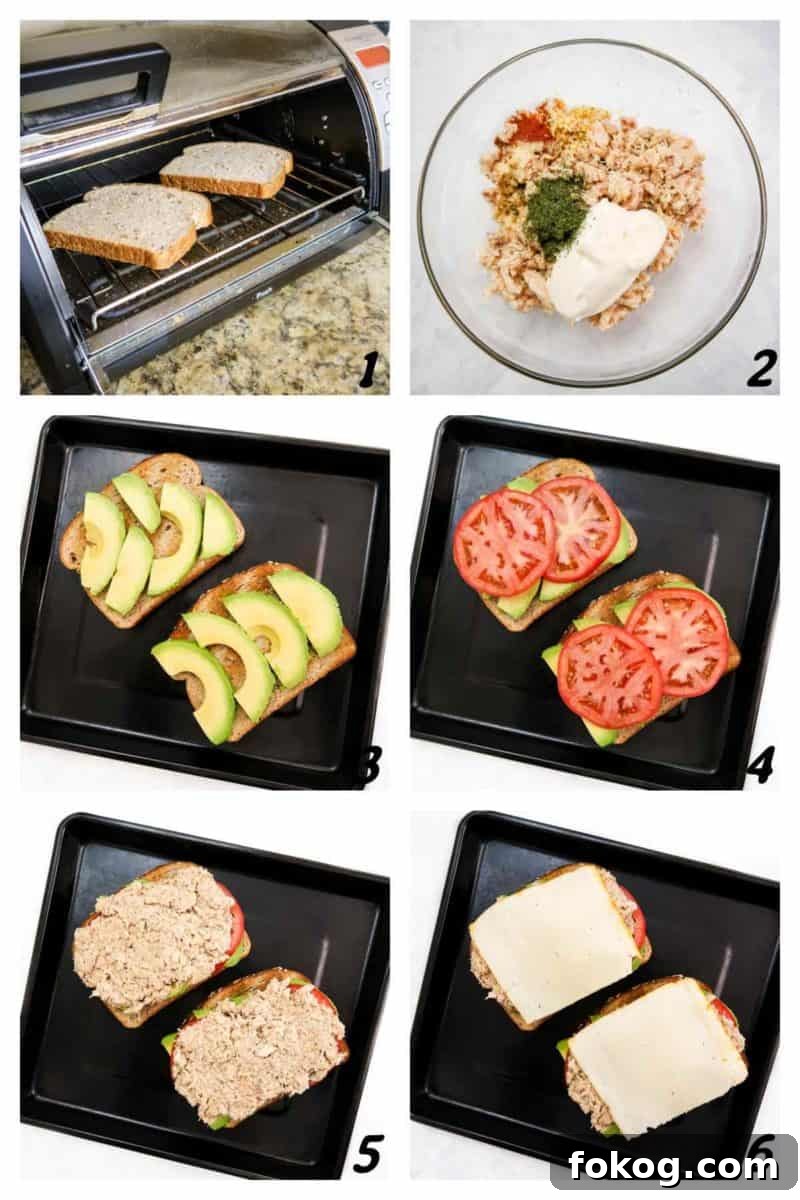 A six panel grid of process shots- toasting bread, mixing ingredients, and putting sandwich together.