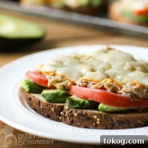 Side view of avocado tuna melt on a white plate with sliced avocado in the background.