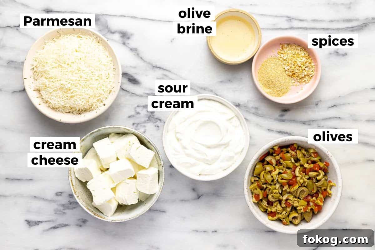 Creamy 10-Minute Olive Dip Recipe for Parties and Snacks 3 Bowls of ingredients to make cold olive dip.