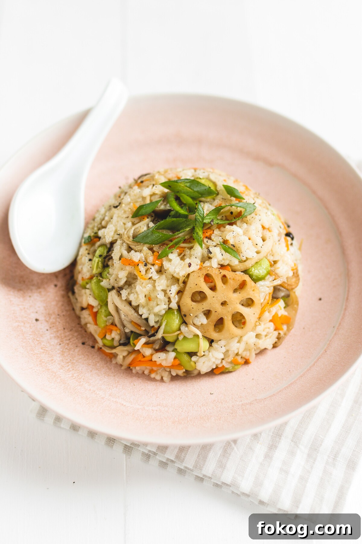 Obachan’s Mushroom Kamameshi: Authentic Japanese Mixed Rice Recipe 5 Mushroom Kamameshi on a pink plate with a white spoon