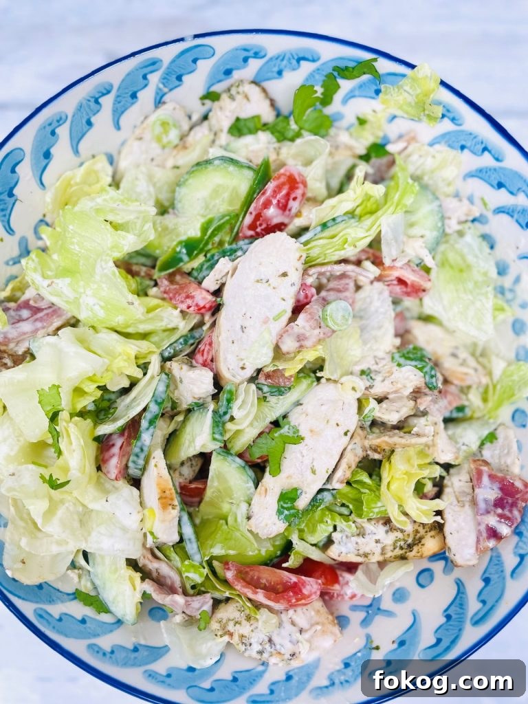 Light Summer Dinner Ideas: Quick Recipes for Warm Evenings 4 Close up shot of chicken bacon ranch salad in a blue and white bowl