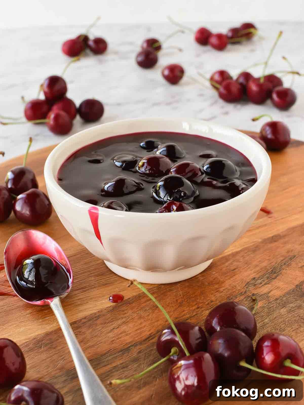 Cherry Sauce using only 5 ingredients is easy to make at home. Perfect to use for cakes, cheesecakes, ice cream, pancakes, waffles or any dessert. #cherrysauce #easy #recipe #fresh#frozen #icecream #cheesecake #sweet #best #cherry #fruitsauce #dessert Cherry sauce in white bowl with cherries scattered around, spoonful of sauce beside bowl.