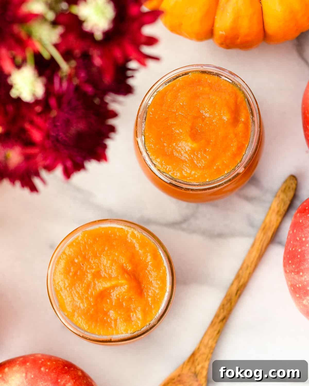 overhead view of 2 jars of Apple & Pumpkin Baby Food