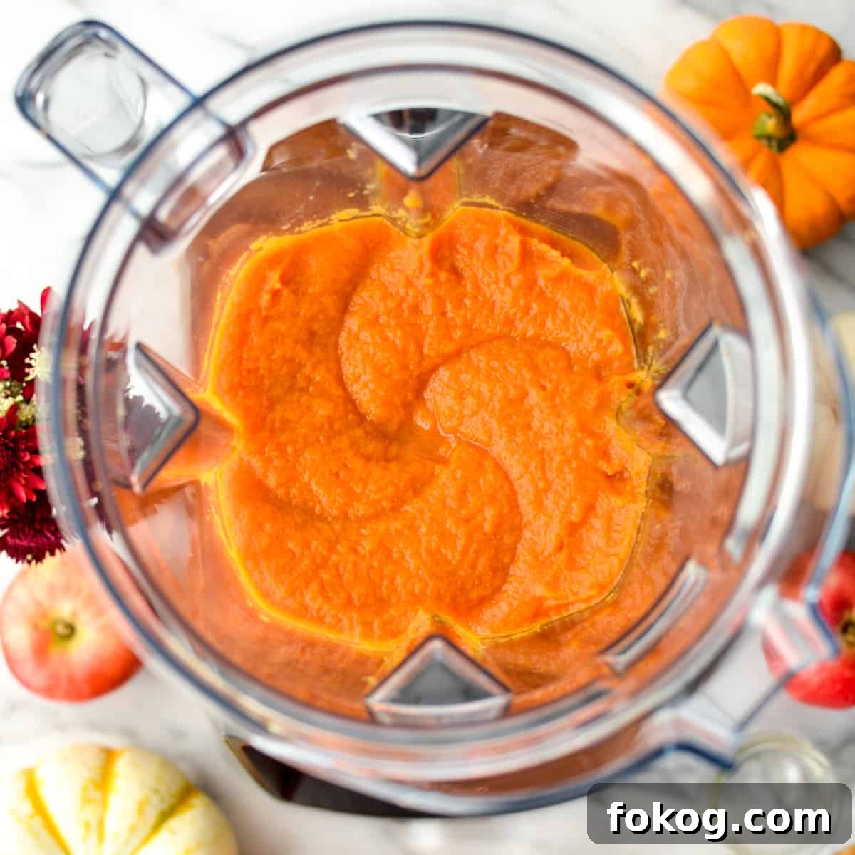 overhead view of Homemade Apple & Pumpkin Baby Food in a vitamix