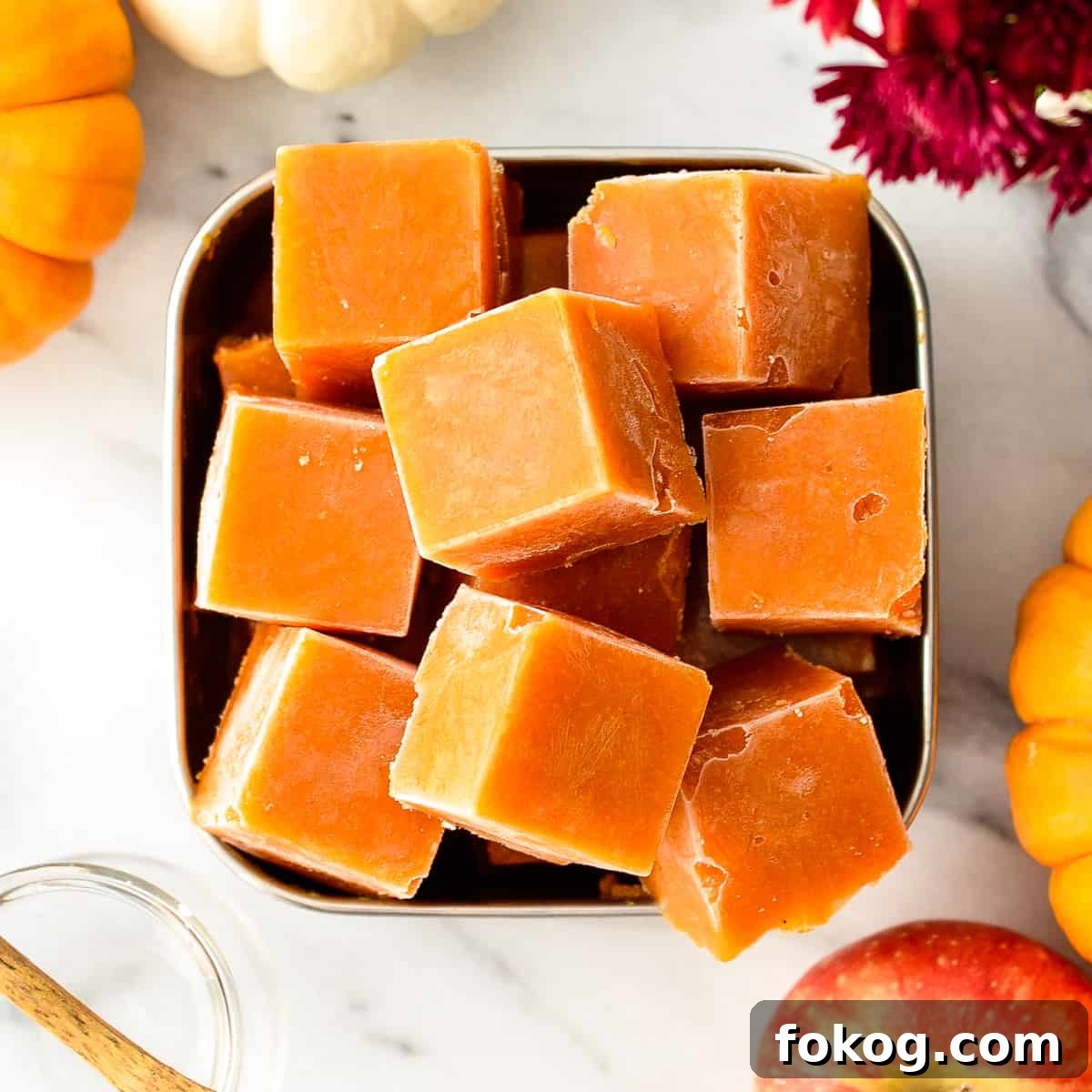 Overhead view of frozen cubes of Homemade Apple & Pumpkin Baby Food