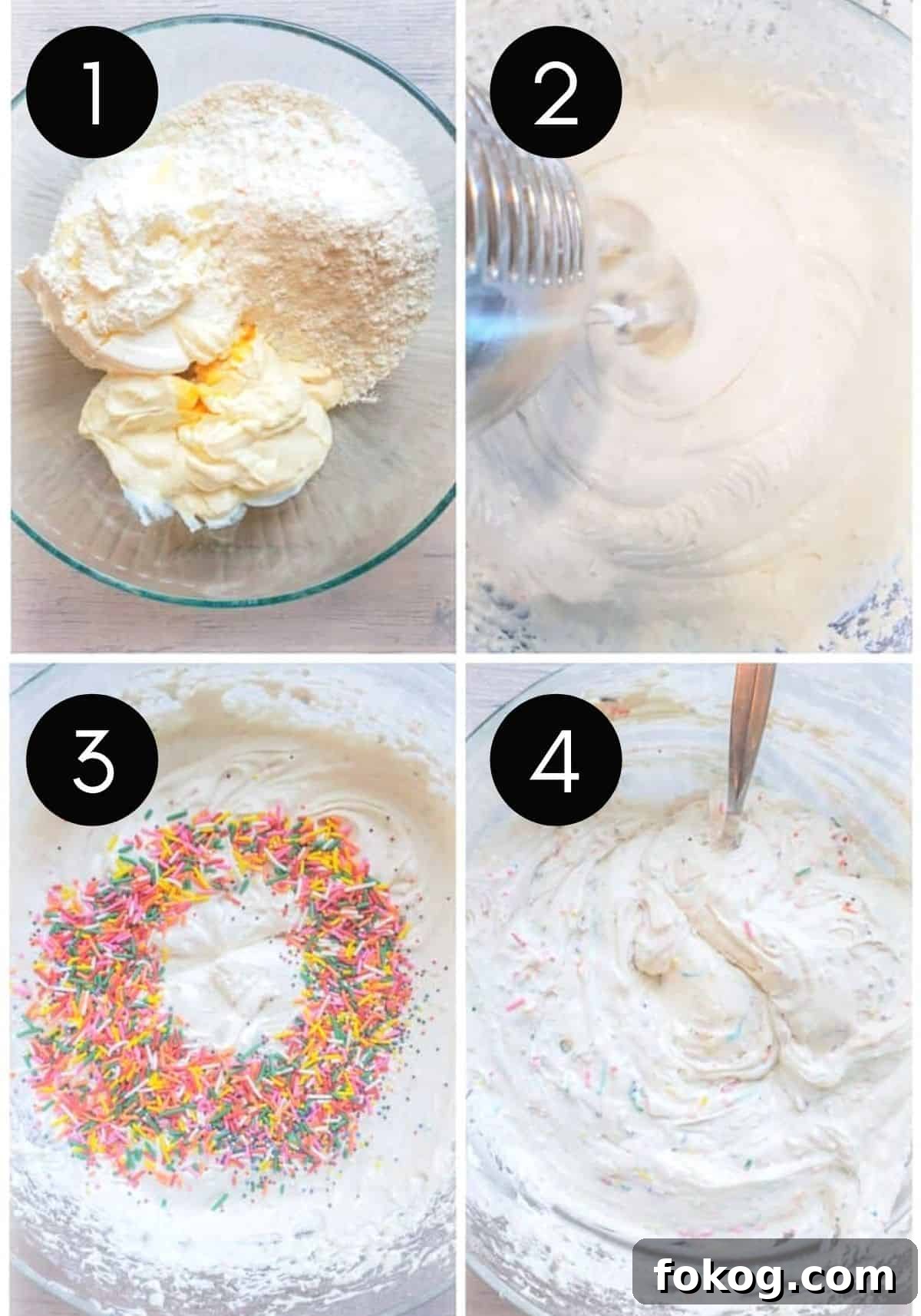 Prep image collage with numbered photos showing step by step of dunkaroo dip being made.