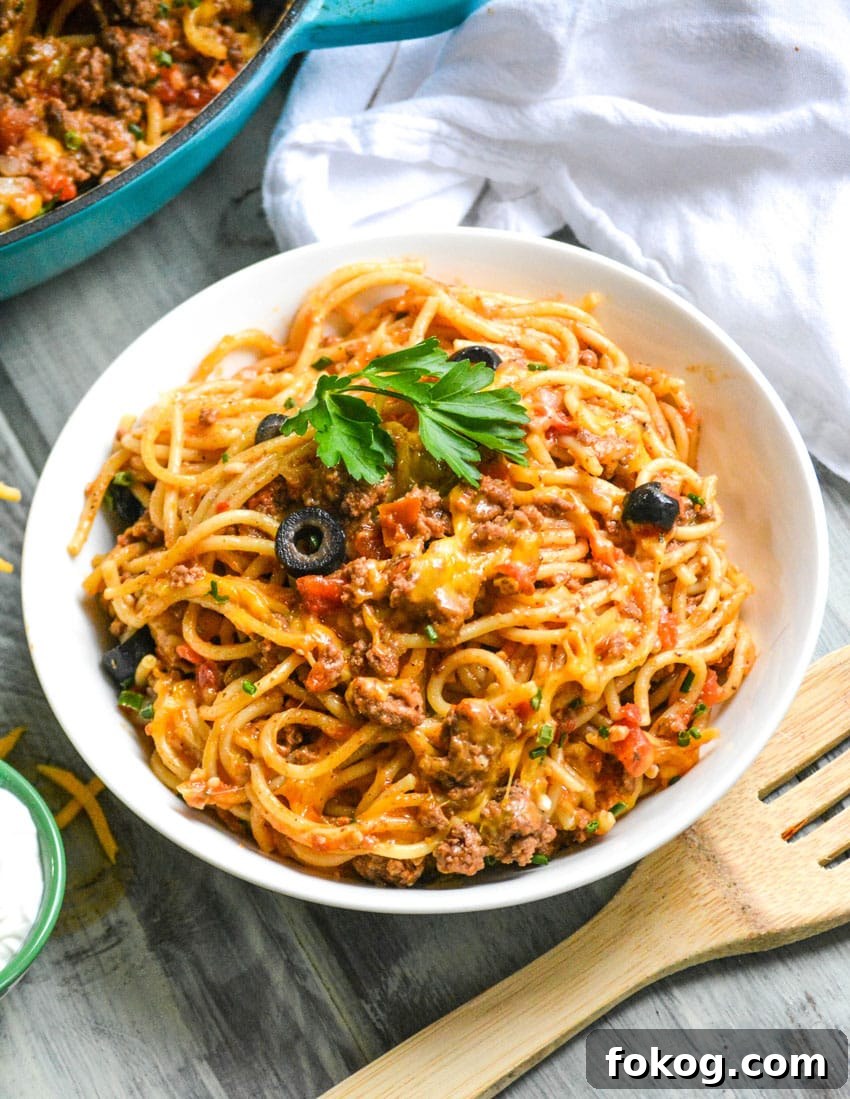 easy taco spaghetti in a white bowl