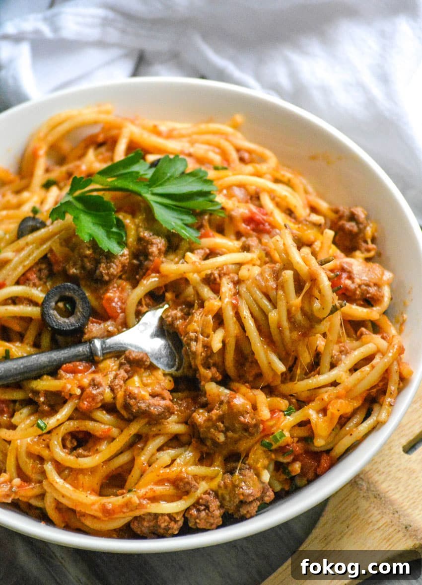 easy taco spaghetti in a white bowl