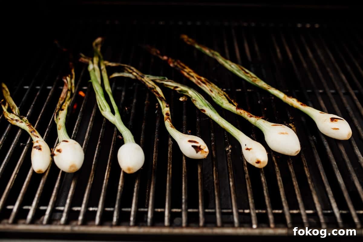 Grilled Spring Onions with Garlic Lime Butter 6 spring onions grilling directly on the grill grate