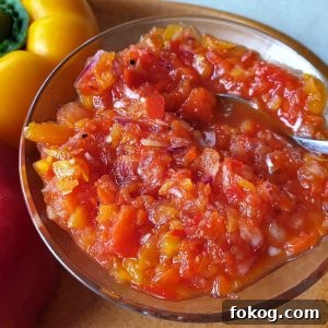 Overhead shot of a dish of sweet pepper relish.