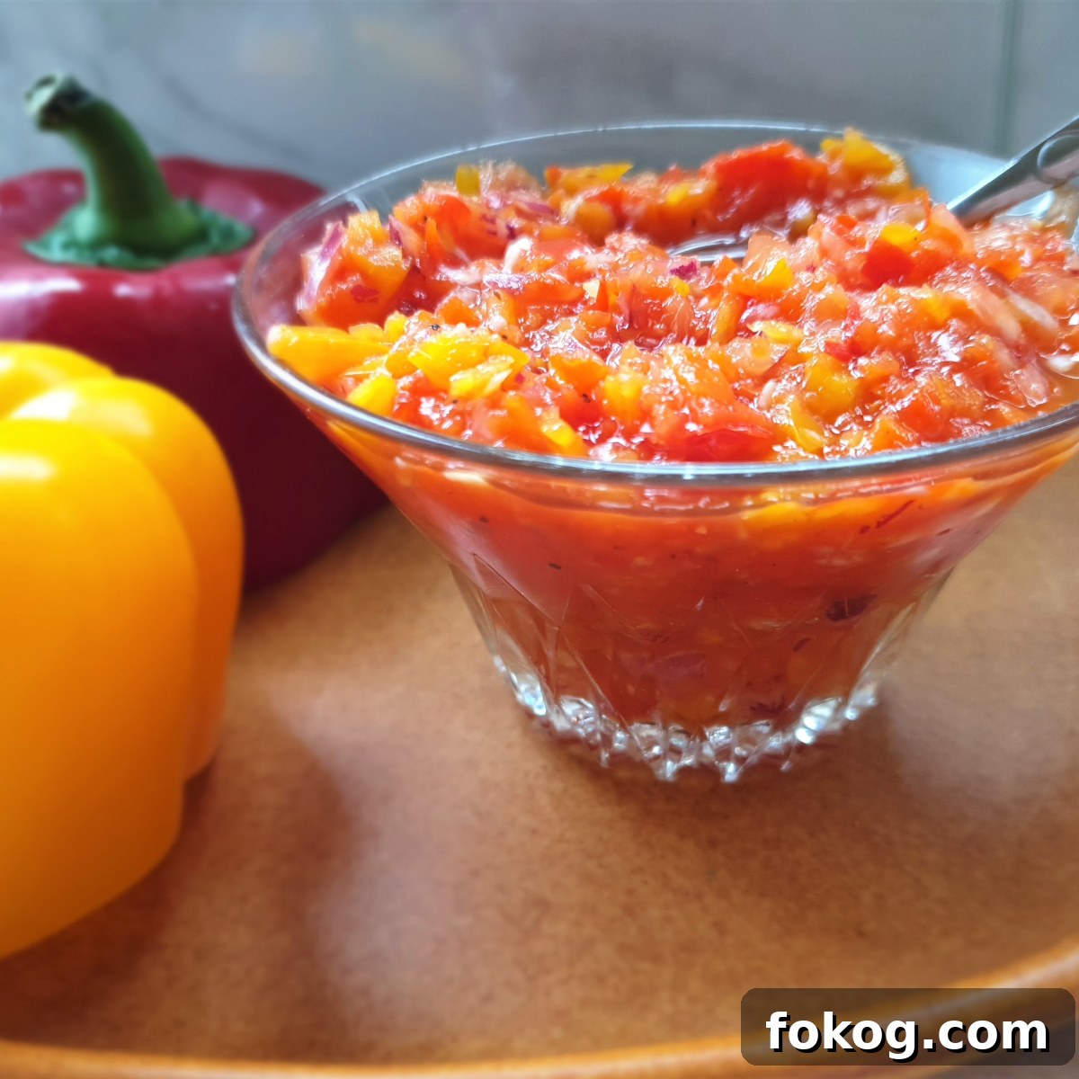 A dish of sweet pepper relish.
