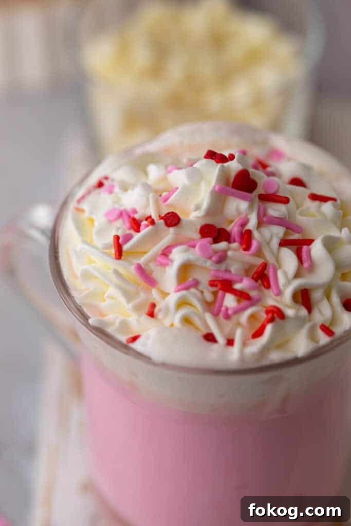 Close up of hot chocolate with Valentine's day sprinkles