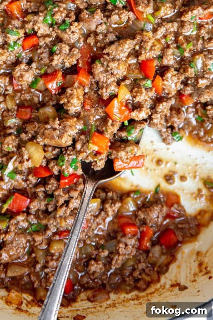 Close up of the ground beef filling for lettuce wraps.