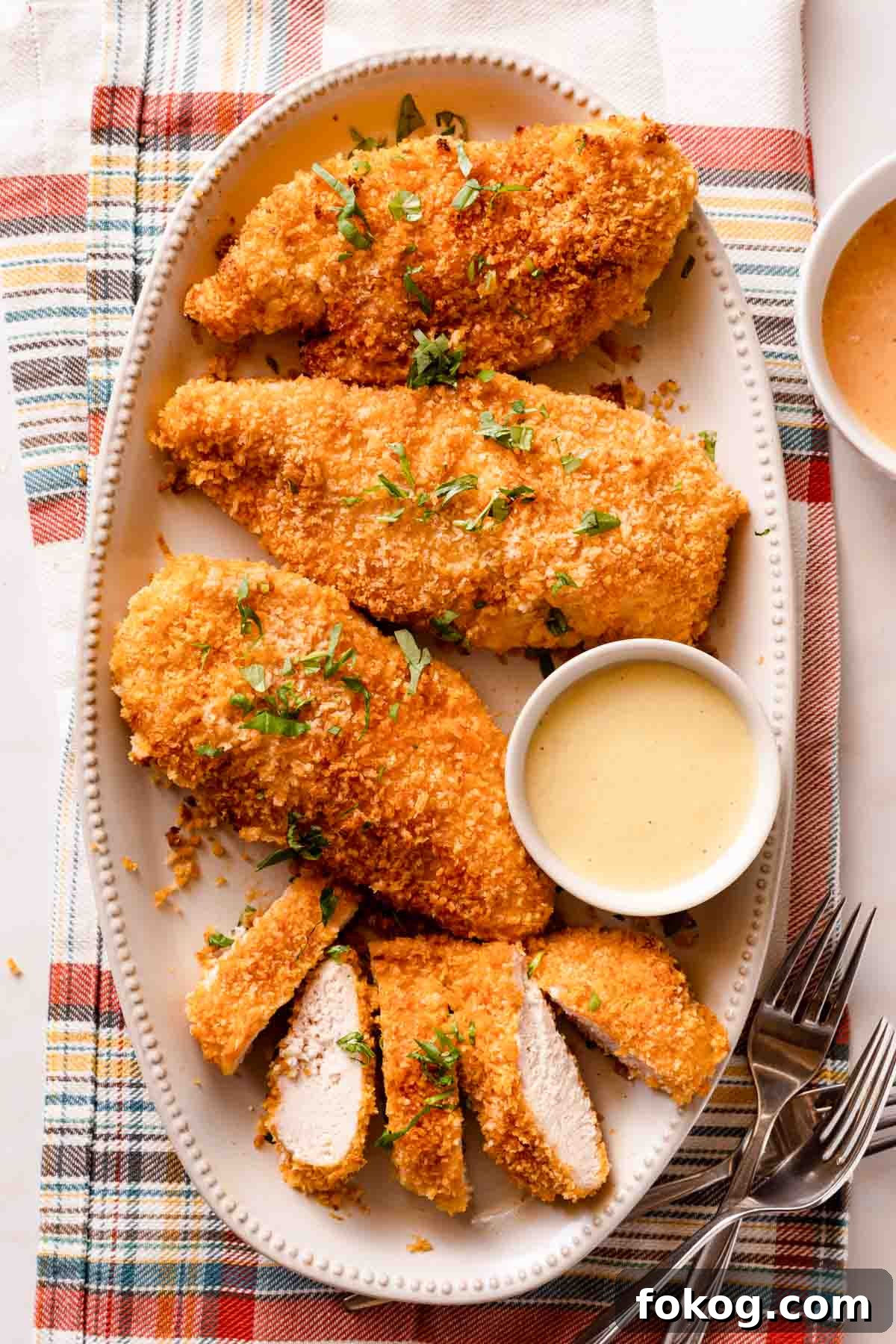 Crispy Panko Baked Chicken with Garlic and Herb Seasoning 2 panko baked chicken on platter with dipping sauce