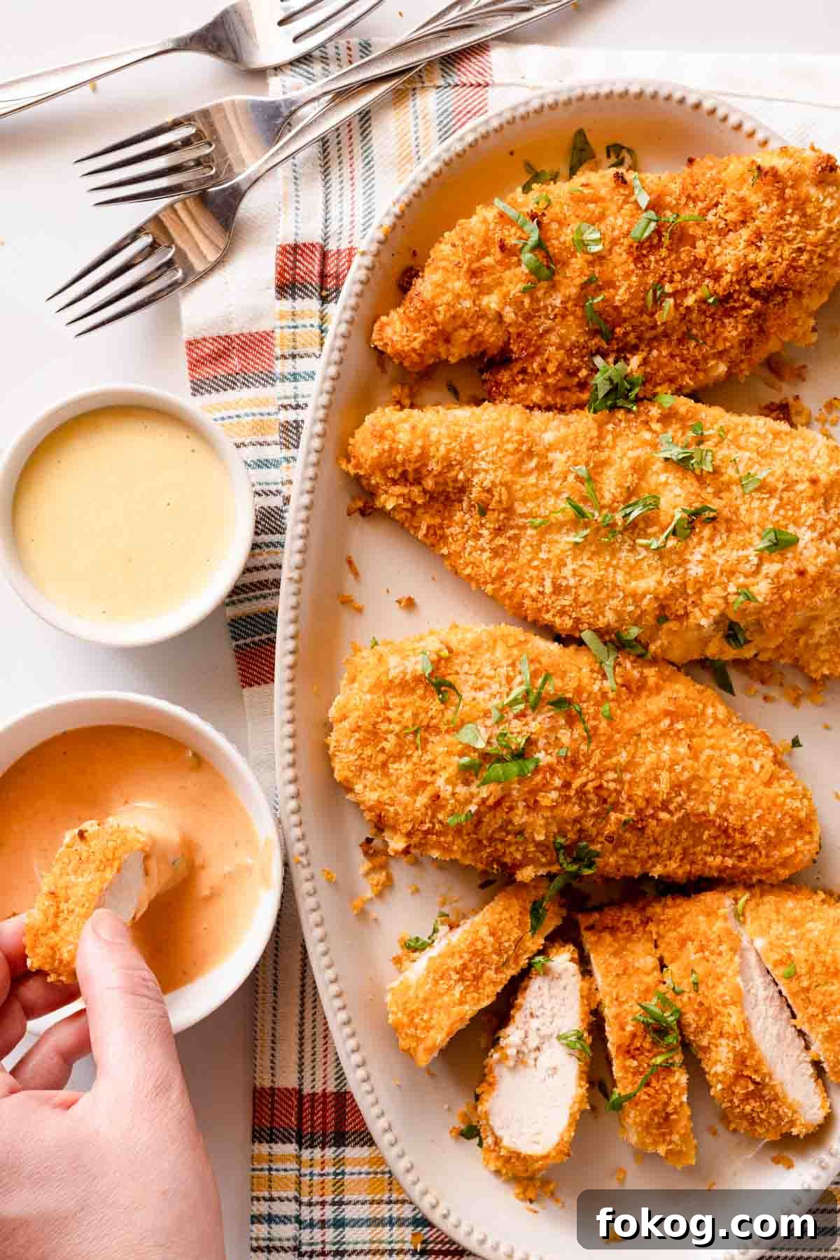 Crispy Panko Baked Chicken with Garlic and Herb Seasoning 5 platter of panko baked chicken with hand dipping slice of chicken in dipping sauce on the side