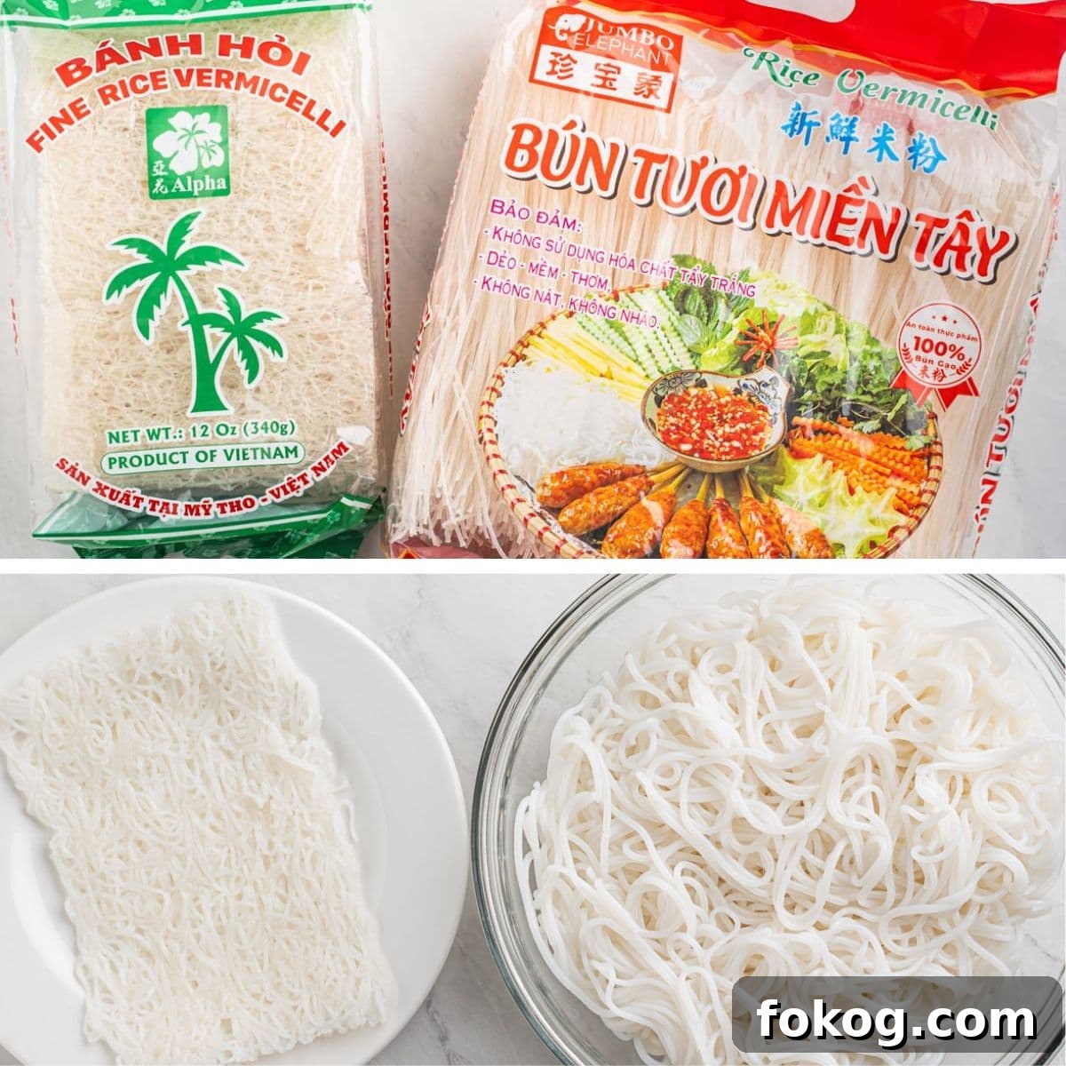 rice vermicelli banh hoi and bun in package and cooked.