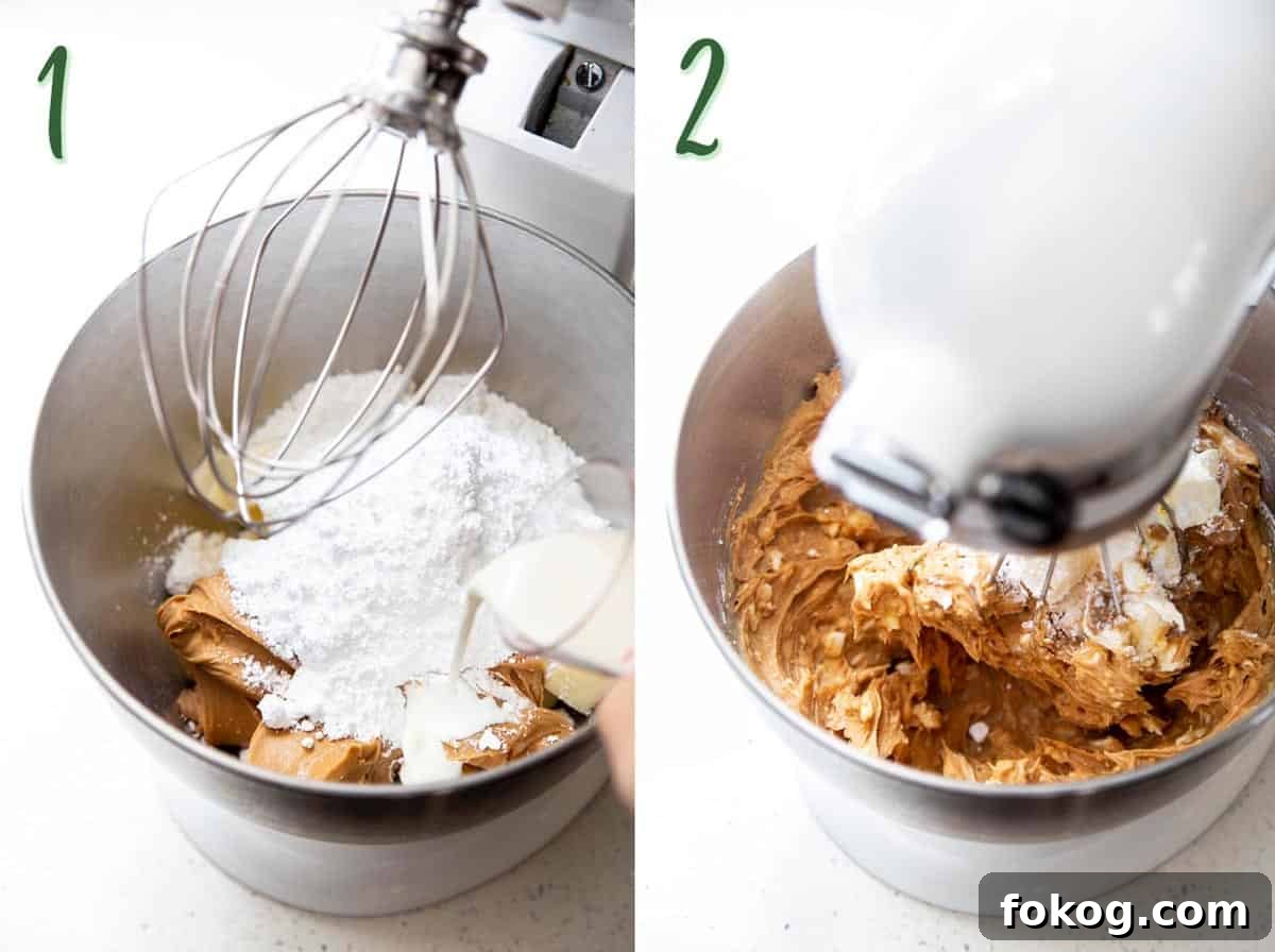 Collage of 2 photos showing how to make peanut butter frosting