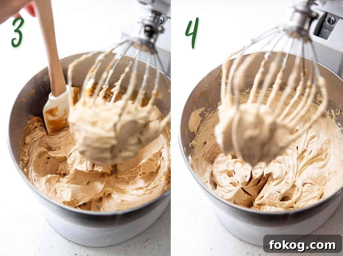 2 photos showing step 3 and 4: scraping down the side of the mixing bowl, whip frosting until creamy.