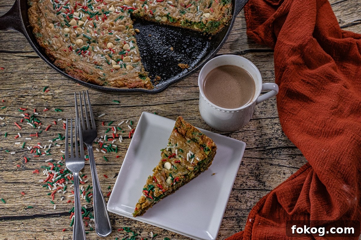 Cast Iron Skillet Christmas Sprinkle Cookies: Festive Holiday Recipe 7 slice of Christmas sprinkle skillet cookie on a white plate next to a mug of hot chocolate