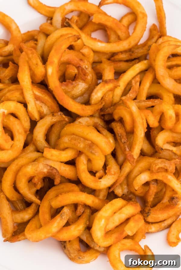air fried frozen curly fries on a white plate, ready to eat.