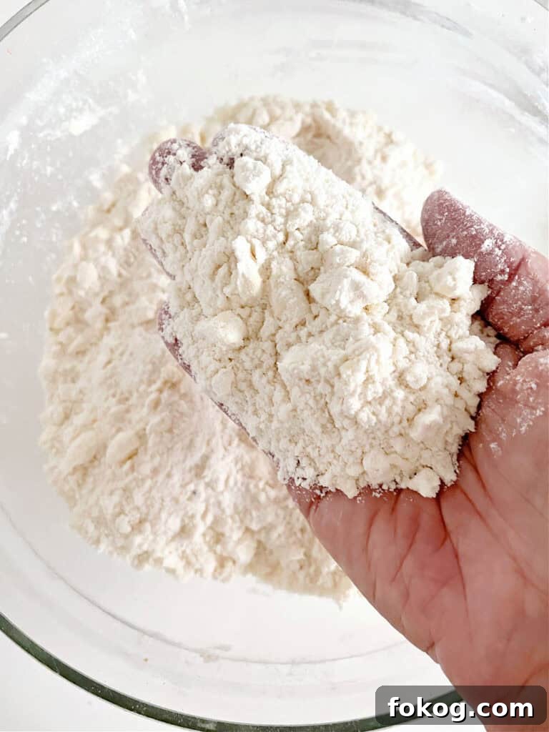 Hand holding crumbly butter flour mixture. Bowl below.