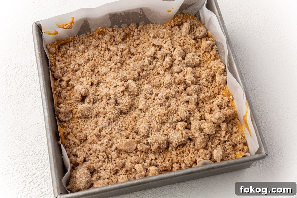 Unbaked gluten-free pumpkin coffee cake in a square pan topped with cinnamon streusel crumb topping.