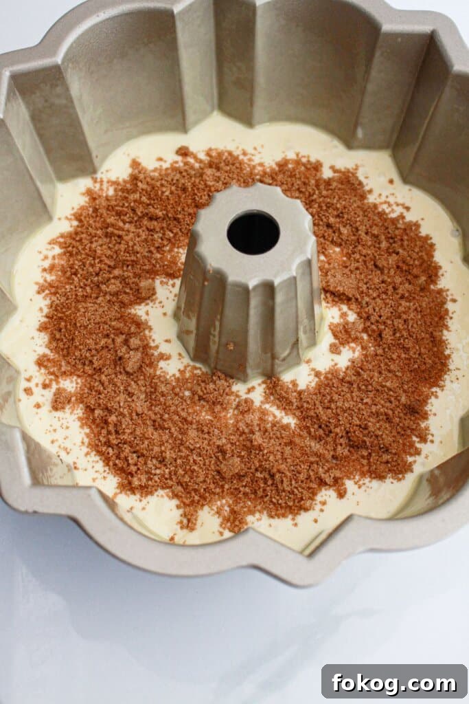 cinnamon and sugar swirl in a bundt pan.