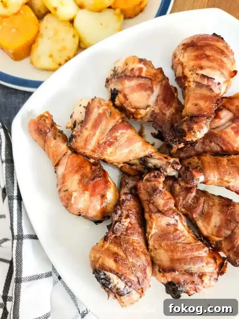 41 Juicy Chicken Drumstick Recipes You’ll Want Tonight 20 Oven-Baked Bacon Wrapped Drumsticks served on a plate