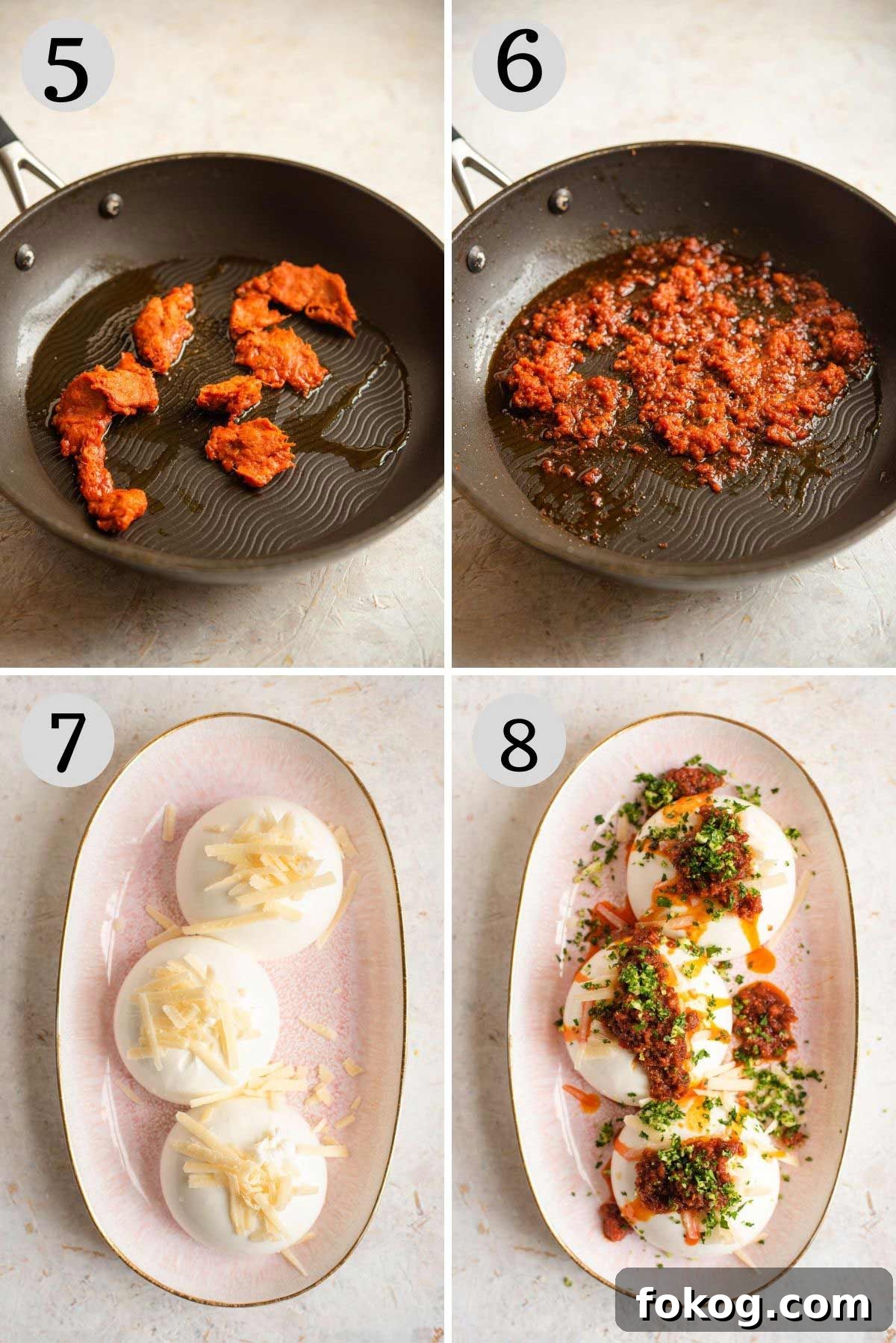 Step by step photos showing how to assemble a burrata appetizer