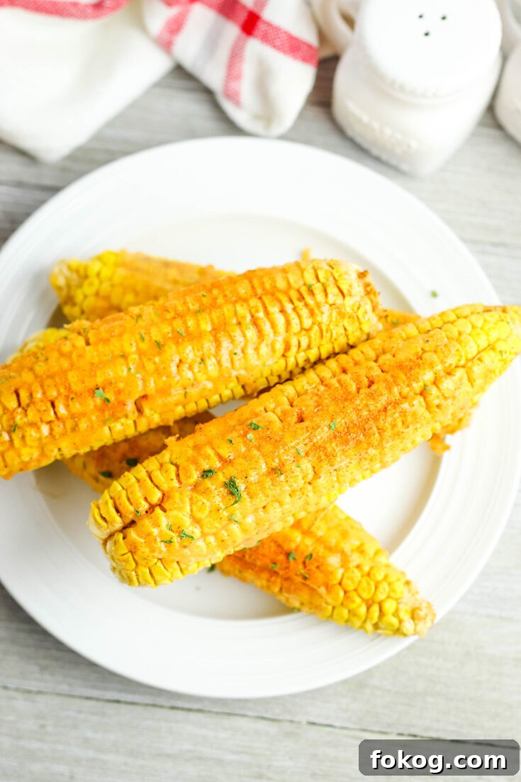 White plate with 4 ears of corn on the cobb topped with Cajun seasoning