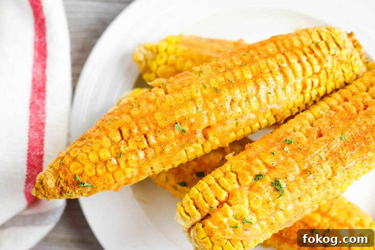 Cooked corn on the cob with Cajun Butter on white plate