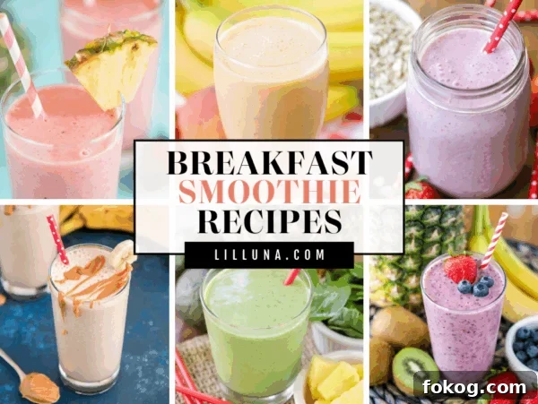 Creamy Peanut Butter Banana Smoothie Recipe 7 Collage of breakfast smoothie recipes.