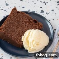 a slice of chocolate pound cake and ice cream