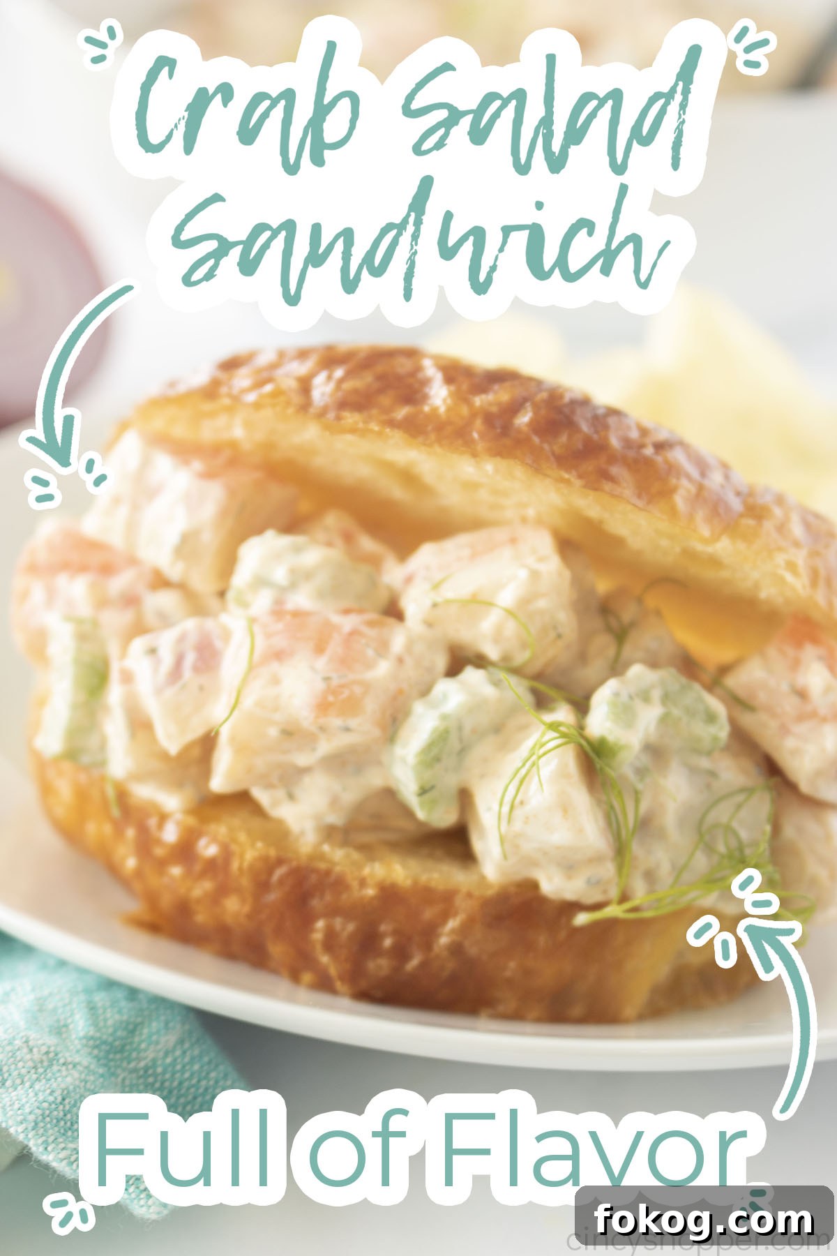 Text on image Crab Salad Sandwich Full of Flavor.