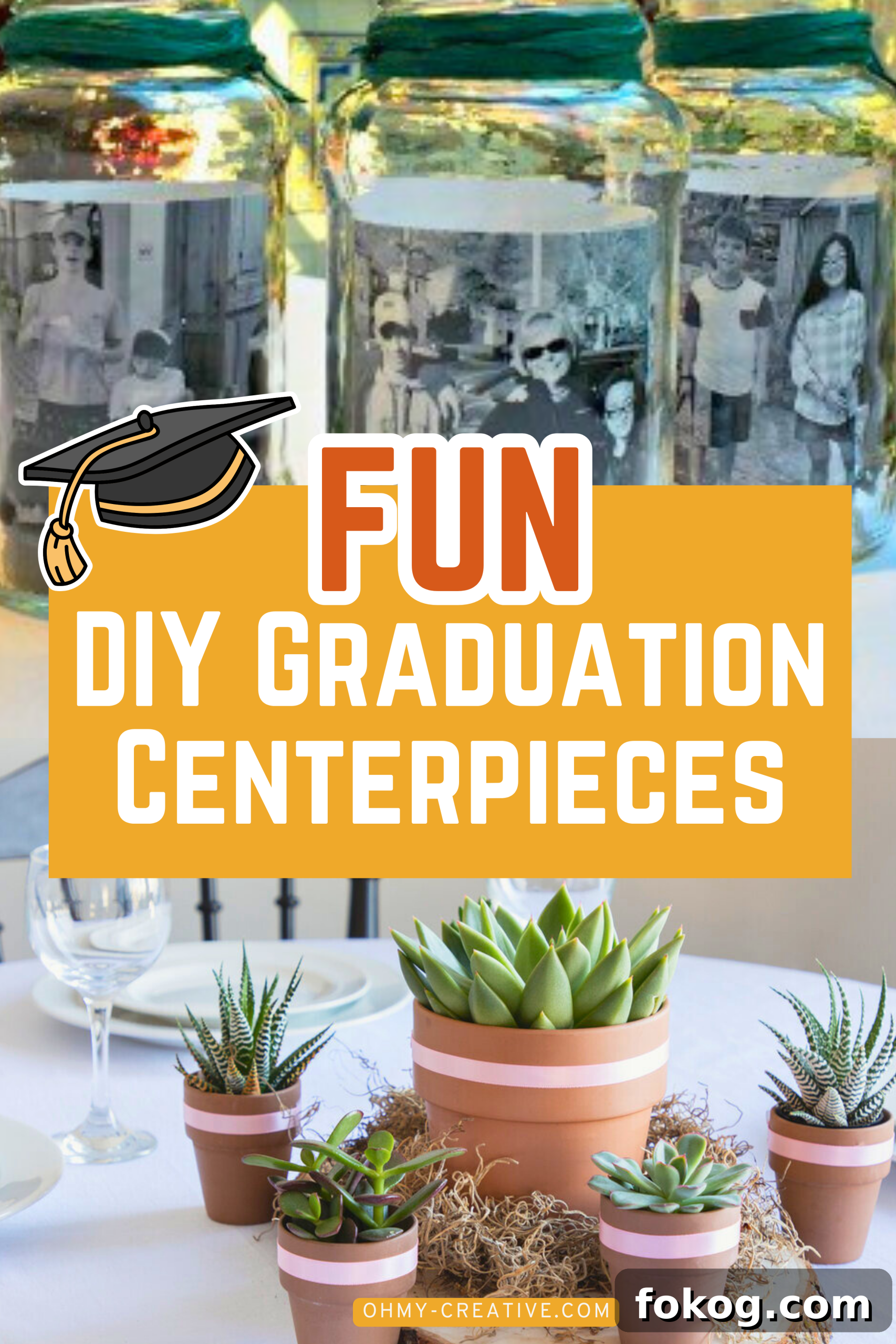 Collage of three mason jars with pictures of people on them and five succulent plants on a table, with a text saying 