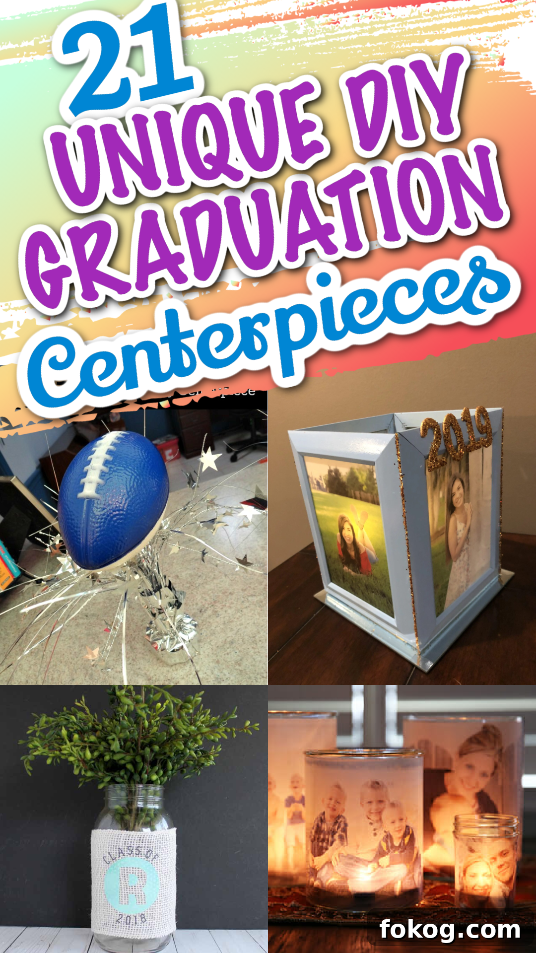 A collage of DIY graduation centerpieces including candles and photo frame centerpieces.