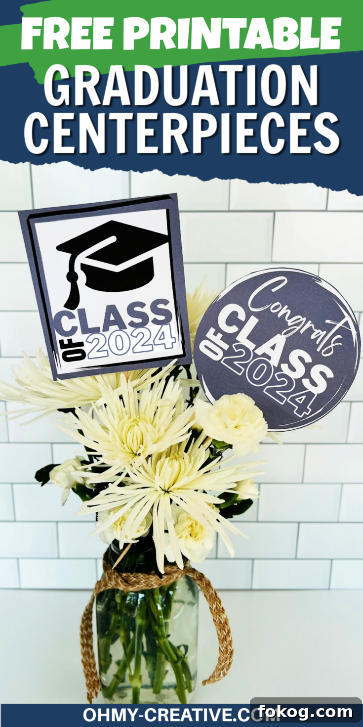 pin image of a graduation party centerpiece with a printable 