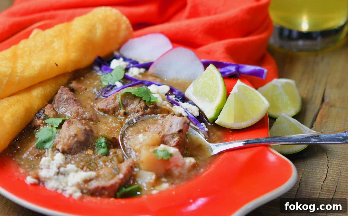 Chile Verde Pork Guisado Recipe 12 serving of pork guisado with lime wedges, radishes, queso fresco and rolled tortillas