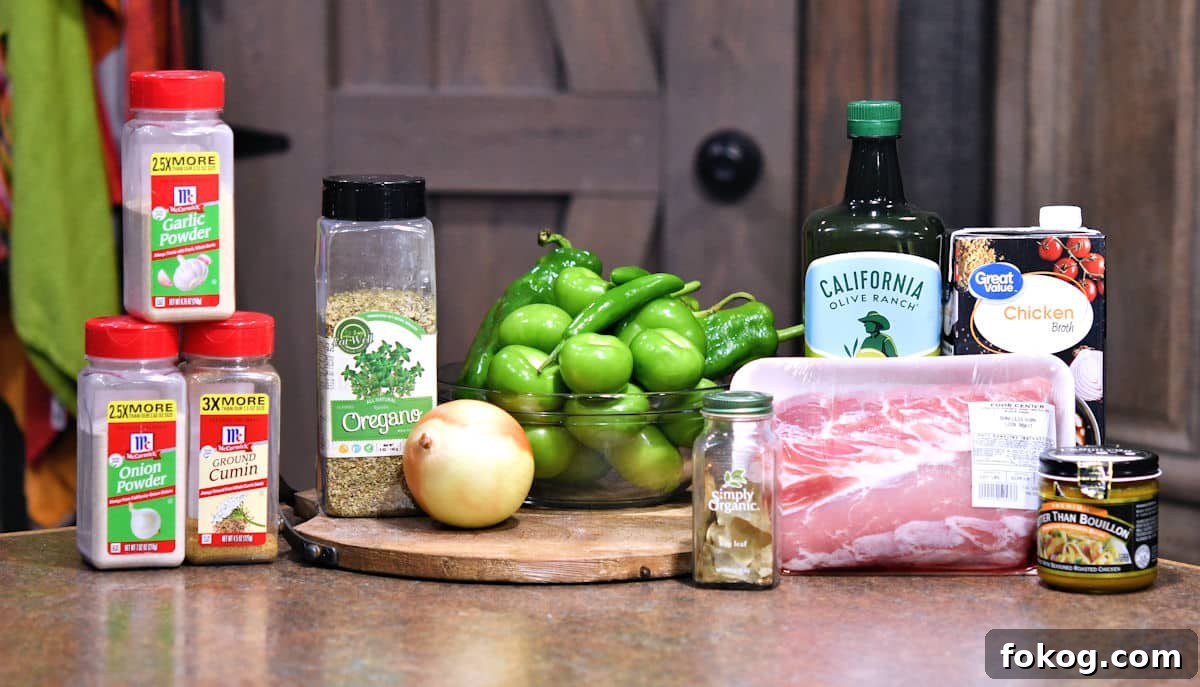 Chile Verde Pork Guisado Recipe 3 ingredients for pork green chile on a countertop