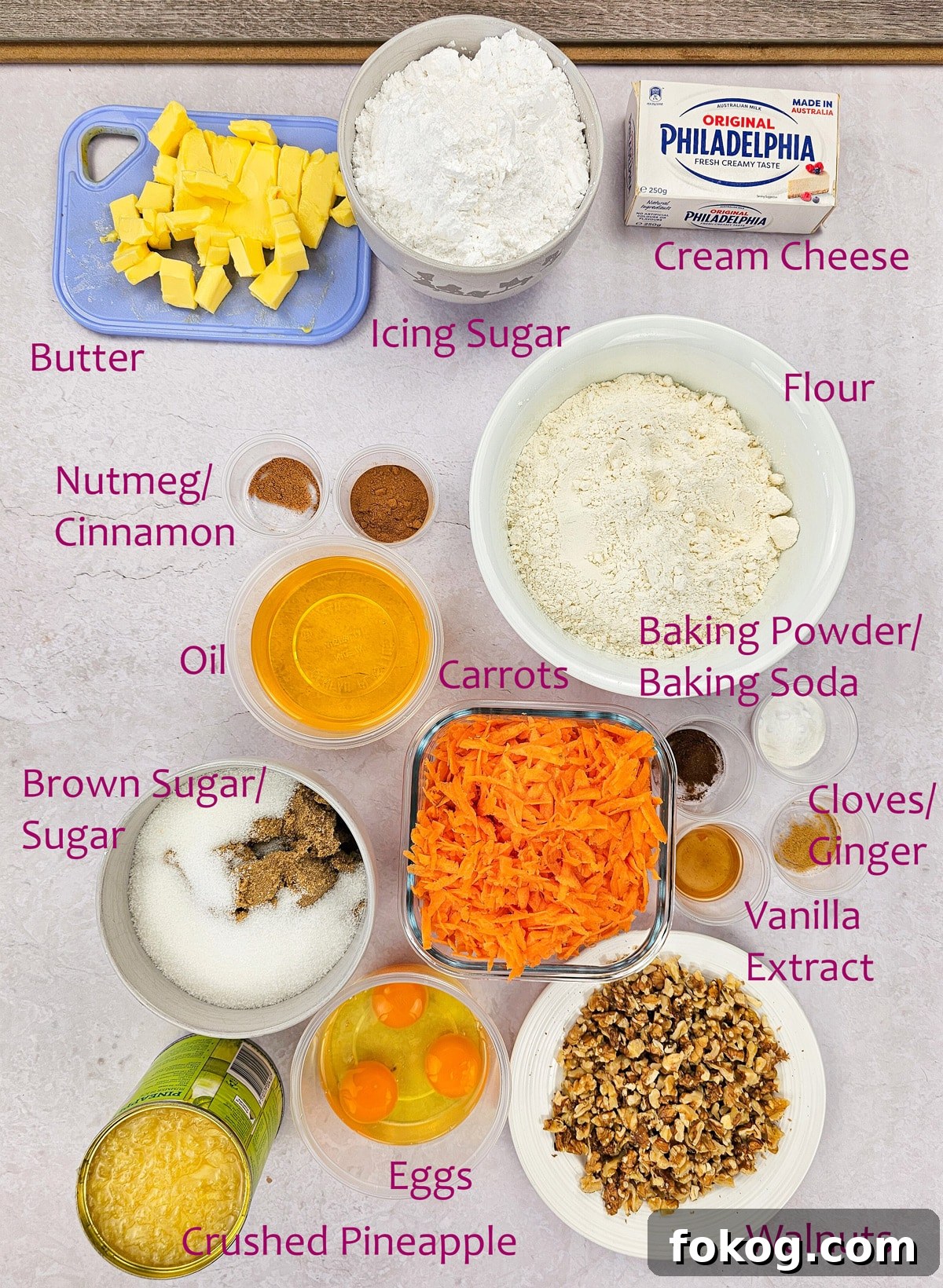 Ingredients to make the best carrot cake recipe.