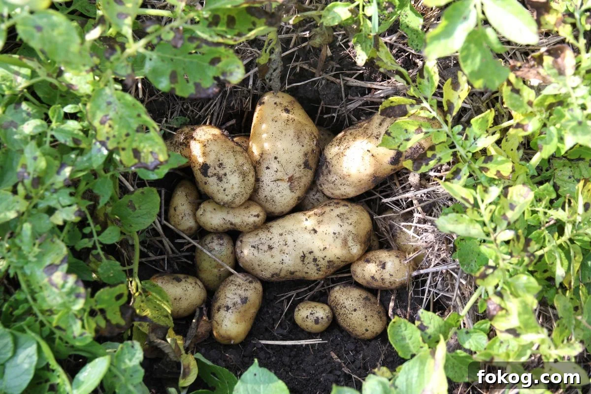 A pile of freshly dug summer potatoes laying on the ground between potato plants.