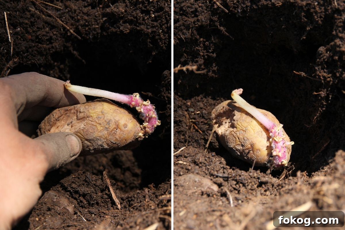 Two images showing a potato being tossed into a hole, and a potato sitting in a hole, waiting for dirt to cover.