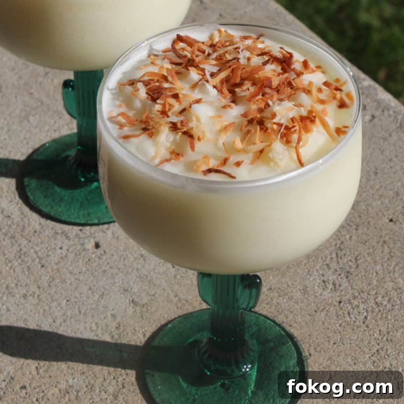 24+ Tropical Pineapple Juice Cocktail Recipes 13 Toasted Coconut topped frozen cactus colada in a cactus margarita glass