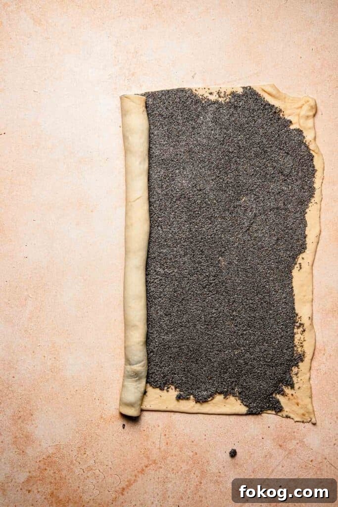 Poppy Seed Babka Recipe: Classic Swirled Pastry 9 Rolling dough rectangle into a log.
