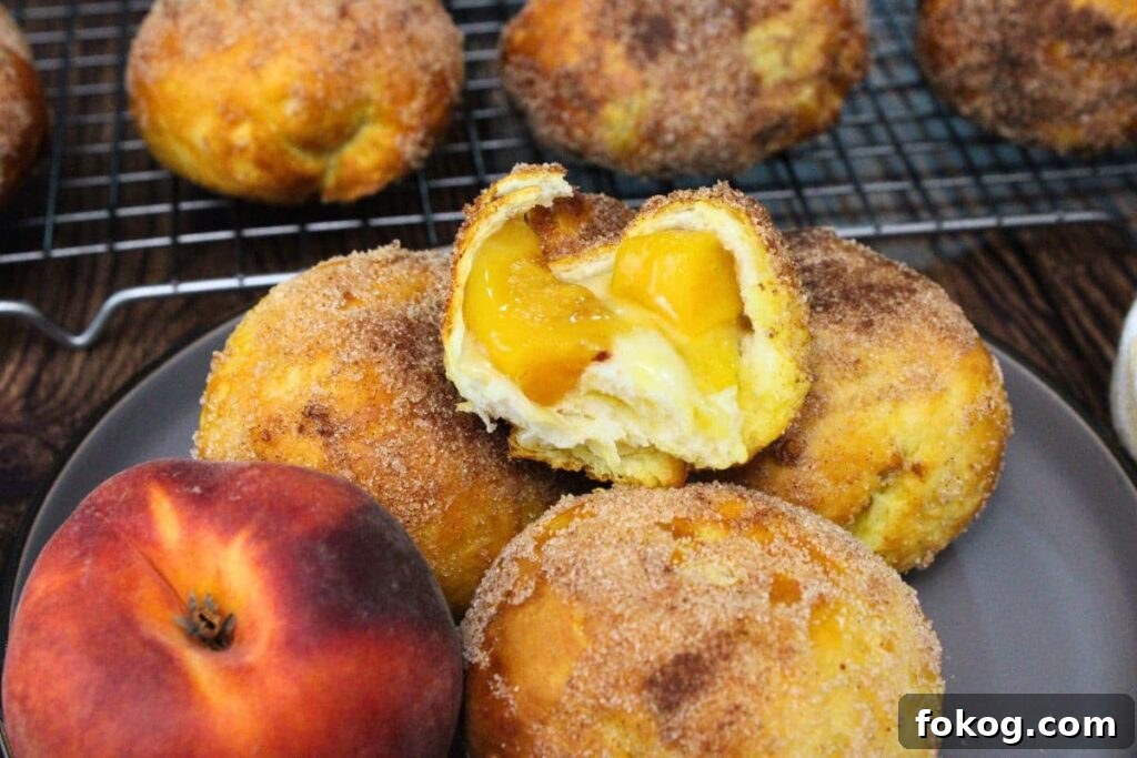 Air Fryer Peach Pie Biscuit Bombs - Quick Dessert 12 peach pie biscuit bombs stacked on a plate with one cut open