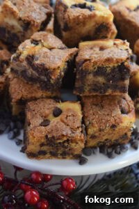 Close up of chocolate chip cream cheese cookie bars.