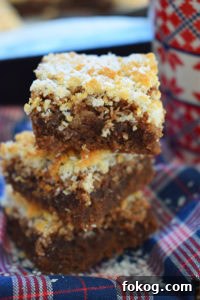 a stack of chocolate macaroon brownies