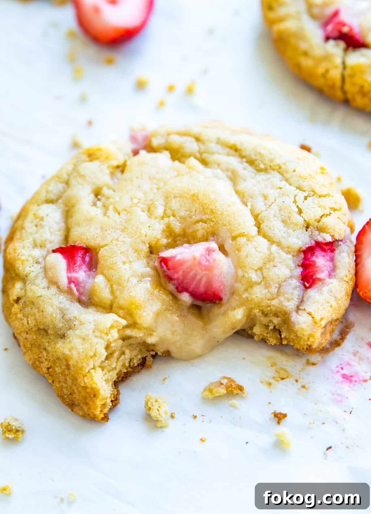 A strawberry cheesecake cookie on a baking sheet with cookie crumbs around it.